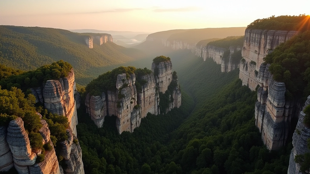 Aerial view of Czech sandstone rock formations and forested landscape