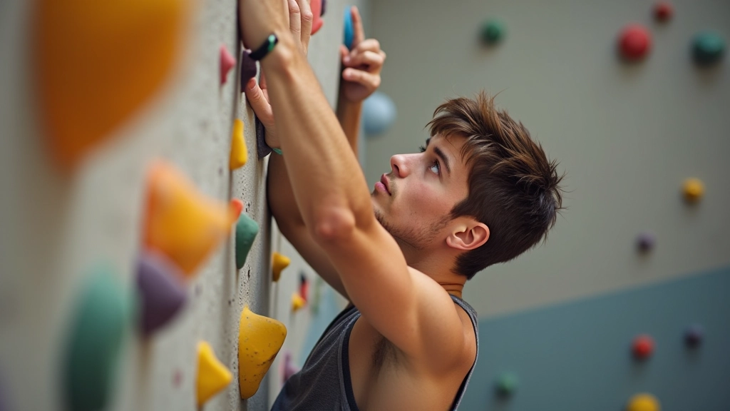 Boulderer attempting problem on low indoor and outdoor bouldering wall