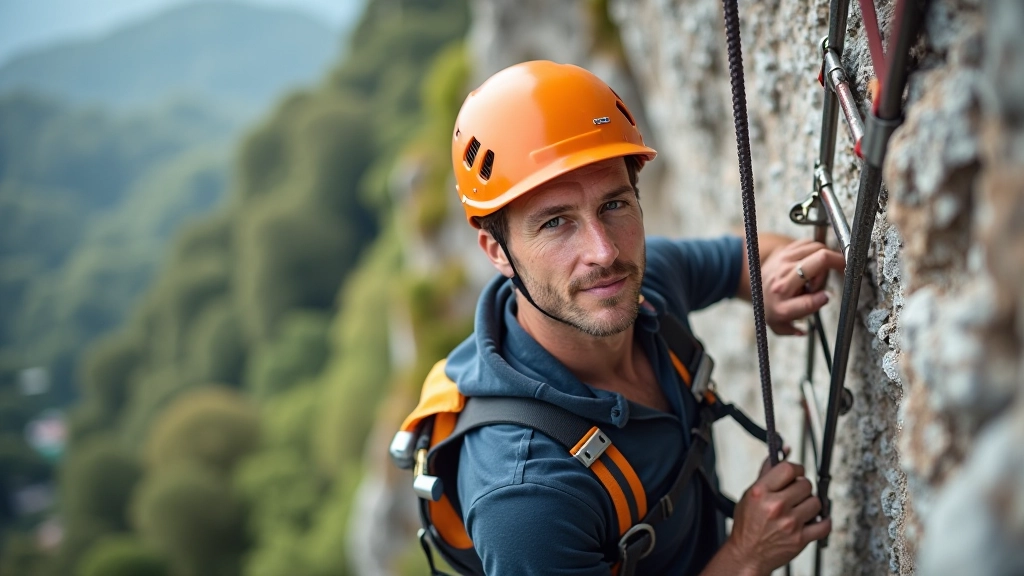 Via ferrata climber on protected metal ladder system at Děčín rock formation