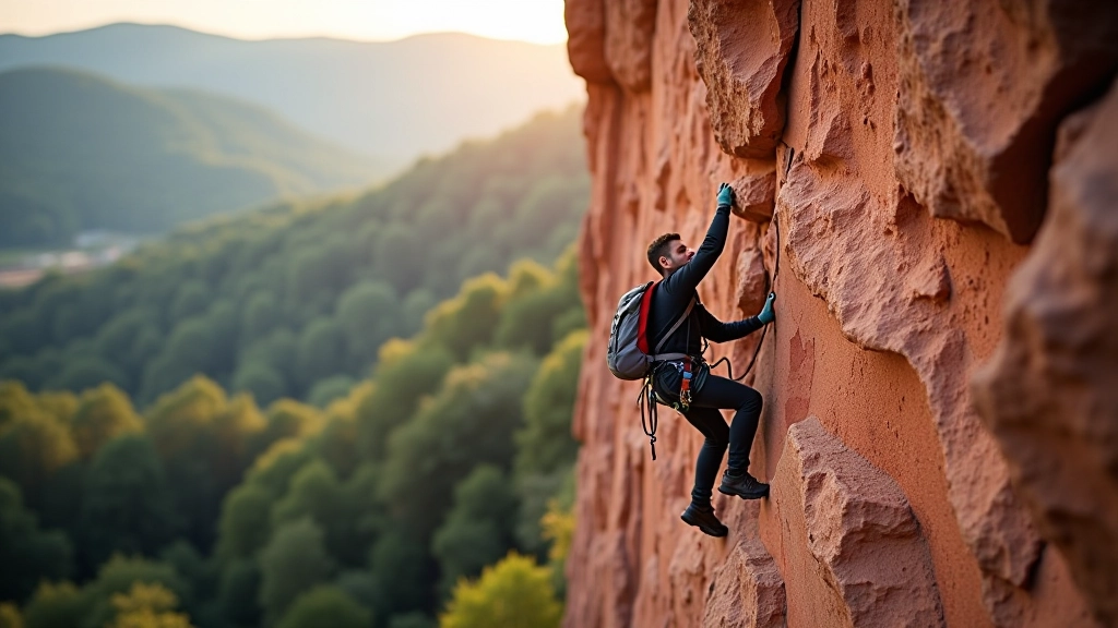 Climber ascending steep red rock face at Adršpach rock formations with blue sky