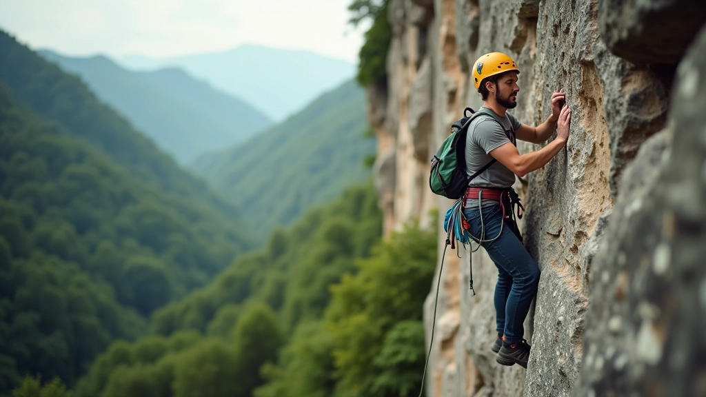 Climber on Labské údolí sandstone wall with forest valley below