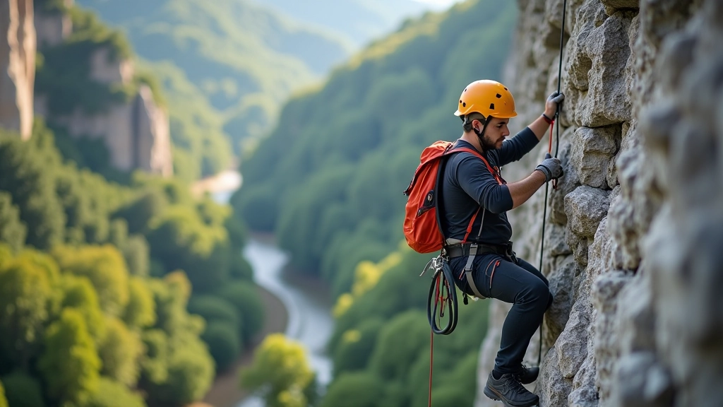 Via ferrata climber on metal ladder and cable system at Děčín rock wall