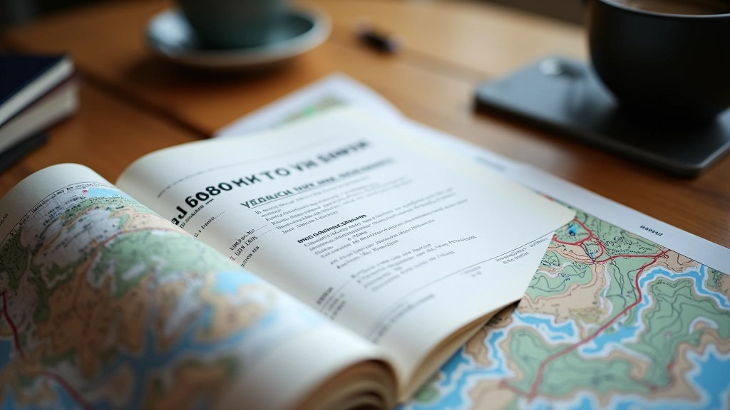 Overhead view of climbing guidebook, topographic map, and climbing notes spread on wooden table with morning light streaming in