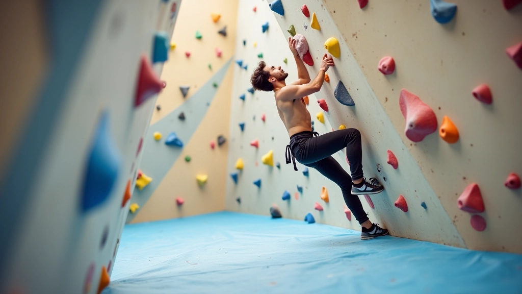 Indoor bouldering gym with colorful holds and crash pads, climbers attempting routes