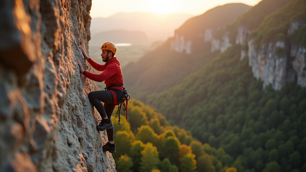 Rock climber on Czech sandstone cliff with valley view