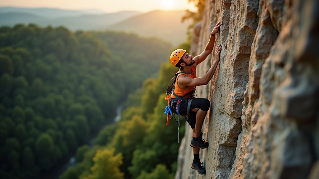 Rock climber ascending steep sandstone cliff in Czech climbing area with clear blue sky and green forest in background