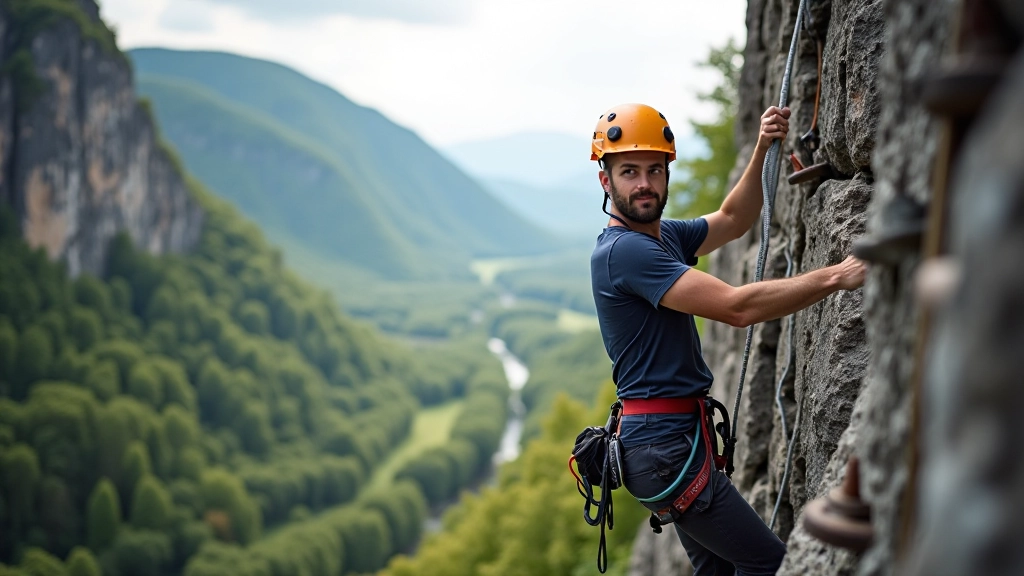 Via ferrata climbing on protected rock route in Děčín