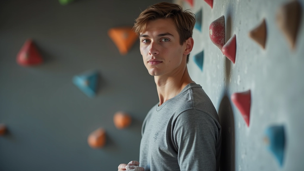 Beginner climber wearing climbing shoes and chalk bag at bouldering wall gym